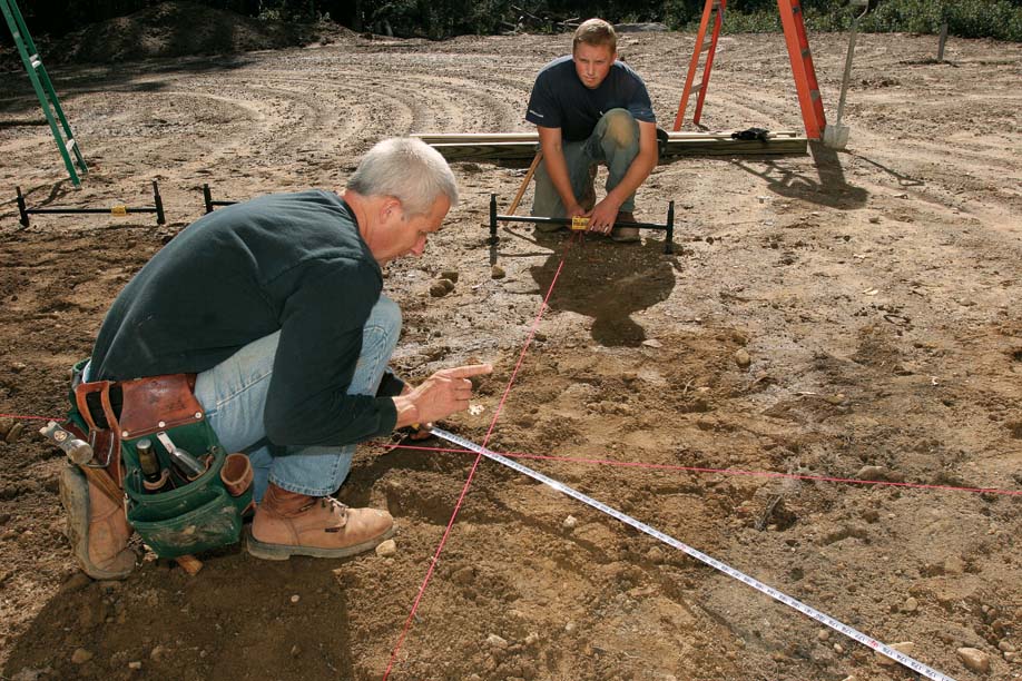 A helper shifting the line that extends from the house to intersect with the right measurement.