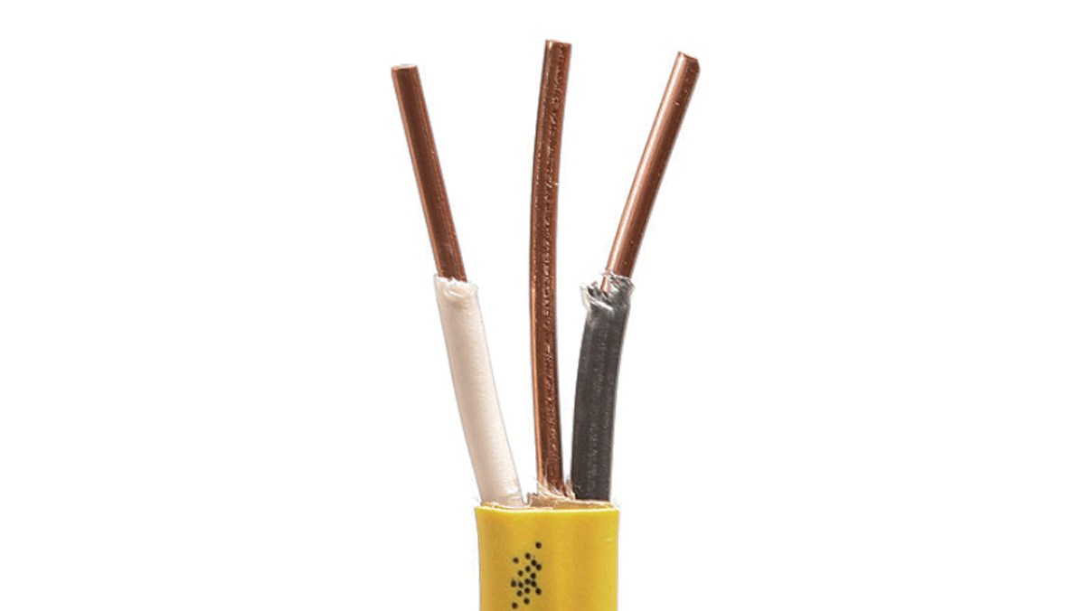 Yellow-sheathed NM has two 12-gauge conductors and a bare ground. It can handle a circuit of up to 20 amps. Sheathing on 14-gauge NM, designed for 15-amp circuits, is white.