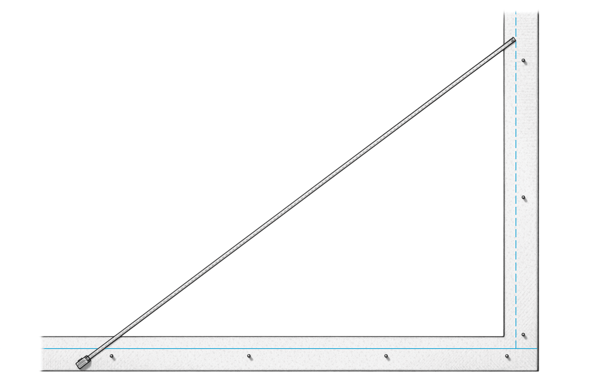 The 3-4-5 Triangle 1. Measure 8 ft. (2 × 4 ft.) from corner point on baseline. 2. Measure 6 ft. (2 × 3 ft.) from corner up perpendicular wall. 3. Stretch tape 10 ft. (2 × 5 ft.) to 6-ft. line on perpendicular wall and mark intersecting point. 4. Line from corner through intersecting point is square to baseline. Measuring tape stretched 10 ft. Square line Corner point 8 ft. (2 x 4 ft.) Foundation wall Baseline 6 ft. (2 x 3 ft.) Intersecting point 10 ft. (2 x 5 ft.)