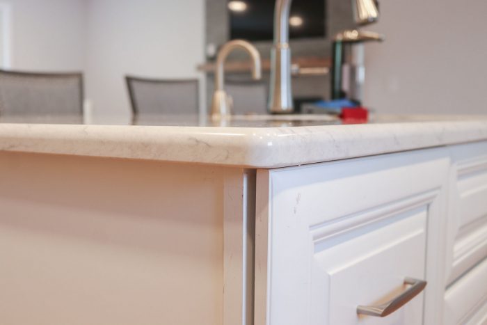 A close-up for the corner of a quartz countertop