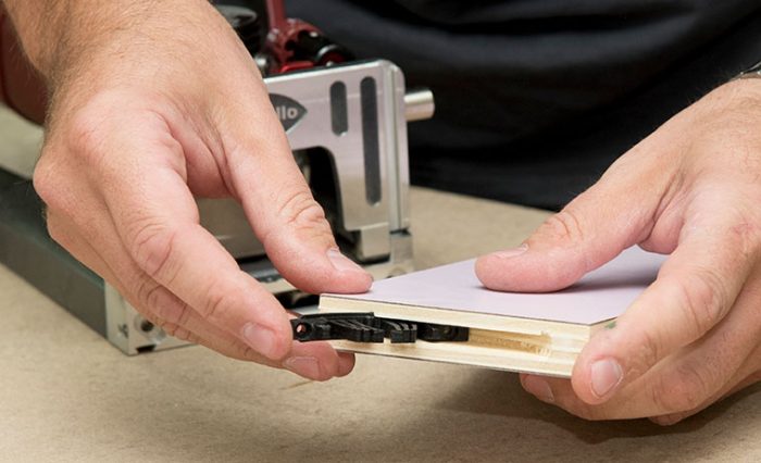 Closeup view of a feature of the Lamello biscuit joiner