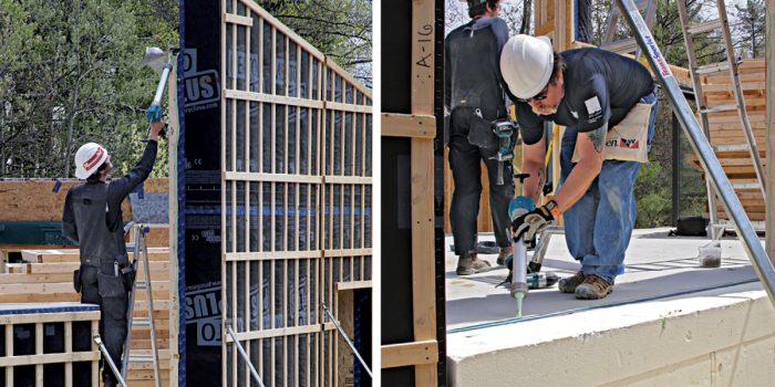 Two images depicting sealing wall panel seams