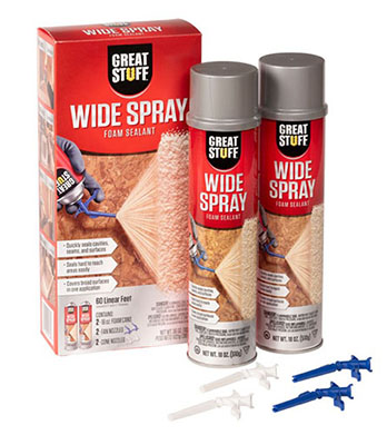 Photo of a box and two cans of Great Stuff Wide Spray foam sealant.