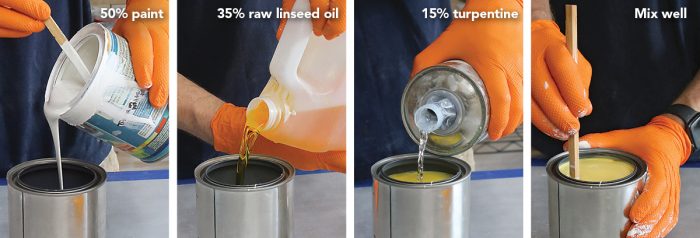 Photo of the progression of mixing linseed oil paint starting with 50% paint, then 35% raw linseed oil, then 15% turpentine, then mix well.