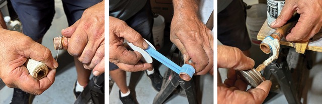 Photo of Mike Lombardi adding extra protection to the pipe connections.