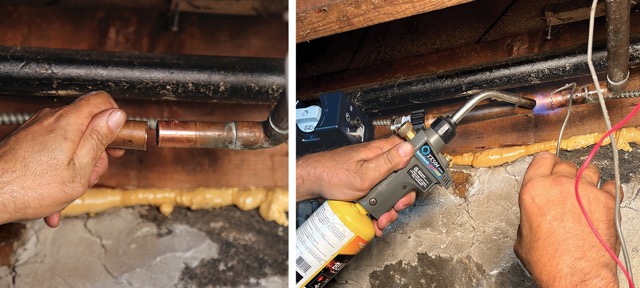 Photo of Mike Lombardi soldering joints to connect the assembly to the plumbing system.